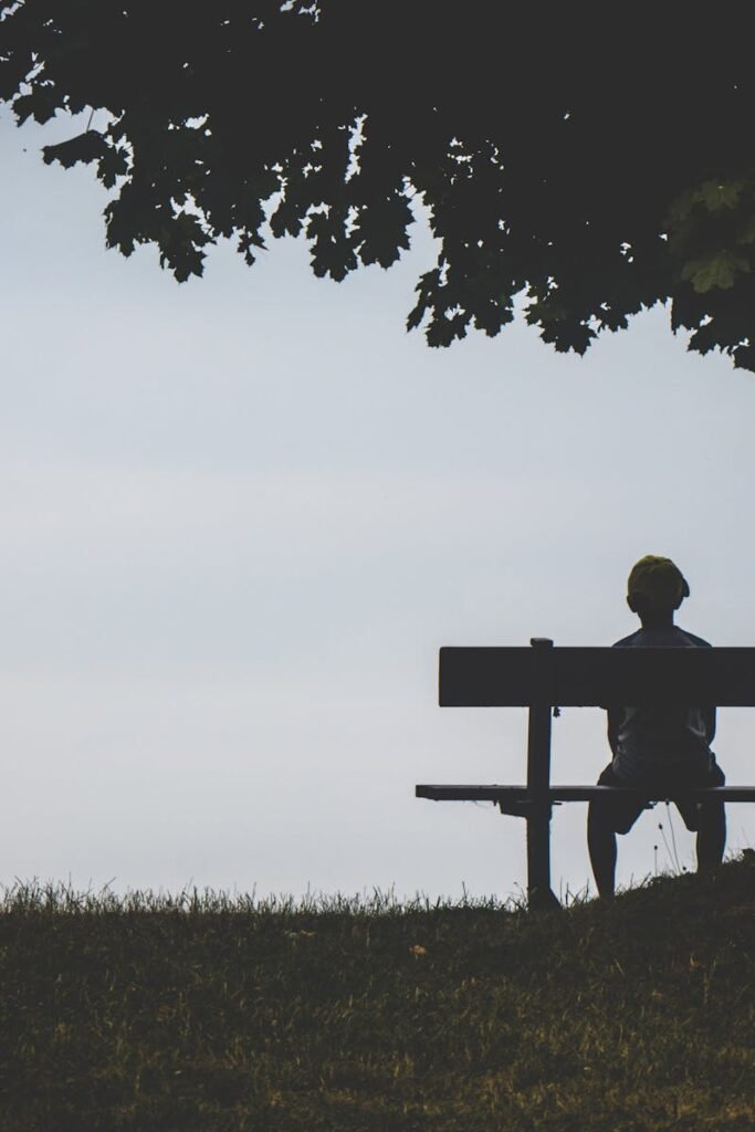 A lone silhouette on a bench under a tree evokes solitude at twilight.