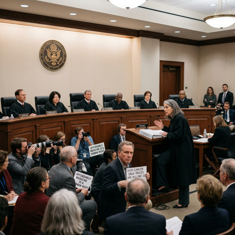 Lawyer addresses judges while protesters hold signs reading “Affordable medicine a human right” and “High cancer drug prices are killing us.”