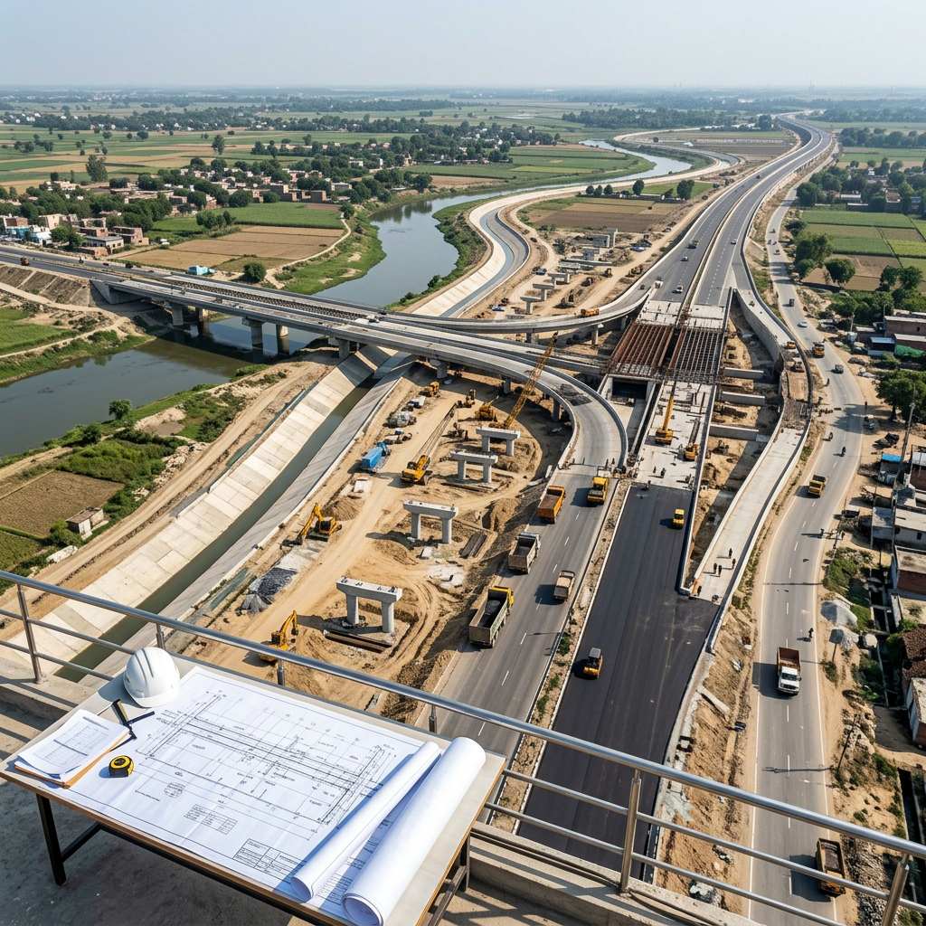 Aerial view of highway interchange construction beside farmland and waterways