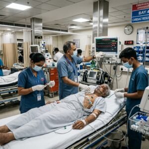 अस्पताल में हार्ट अटैक के मरीज की जांच करते डॉक्टर