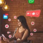 sitting woman using smartphone with hearts and smartphone icons