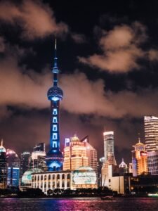 high rise buildings at night