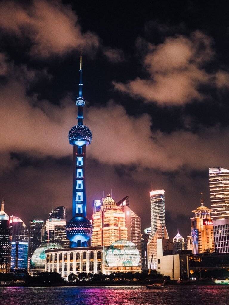 high rise buildings at night